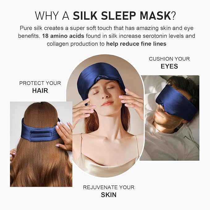 LitBear Silk Sleep Mask for Side Sleeper, Eye Mask Sleeping for Women Men 100% 22 Momme Pure Mulberry Silk, Face-Hugging Padded Eye Cover for Sleeping with Adjustable Band (Midnight Blue)