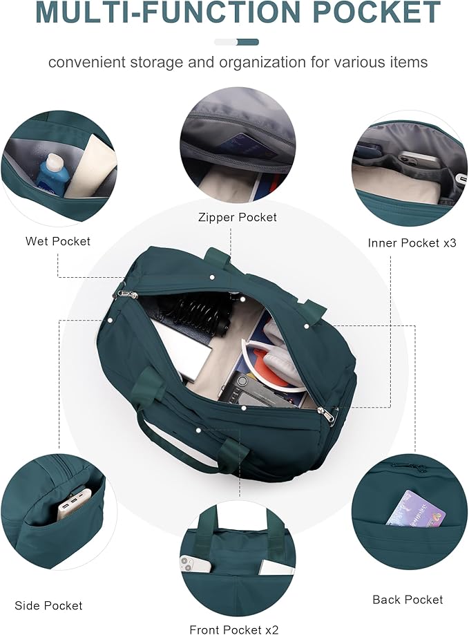 Gym Bag for Women Men, Sport Duffel Bag with Toiletry Bag & Shoe Compartment,Waterproof Travel Weekender Overnight Carry on Bag for Yoga with Trolley Sleeve, Peacock Blue Set