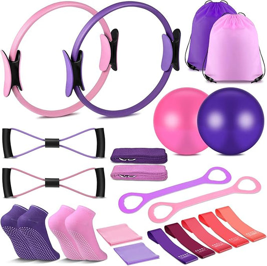 21 Pcs Pilates Ring Circle Set Home Pilates Equipment Kit for Women Pilates Equipment Home Workout Equipment Set Includes 9.8 In Ball Yoga Ring Stretching Strap 8 Resistance Bands Non Slip Socks