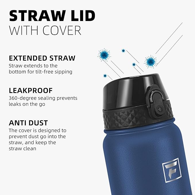 Fanhaw 20 Oz Stainless Steel Insulated Sports Water Bottles with Straw for Kids, Men and Women (Navy Blue)