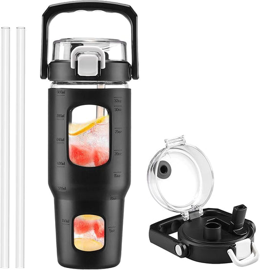 BLUEGO 32oz Glass Water Bottle with Handle and Straw|Leakproof Sports Glass Bottle with Time Marker and Silicone Sleeve|Glass Drinking Bottle for Travel, Gym, Workout, Black