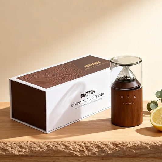 Waterless Essential Oil Nebulizing Portable Wireless Diffuser, Premium Glass and Solid Wood Aroma Diffuser for Home Office Bedroom Car, Elegant Gift Packaging with Essential Oil 10ml (Lemon)