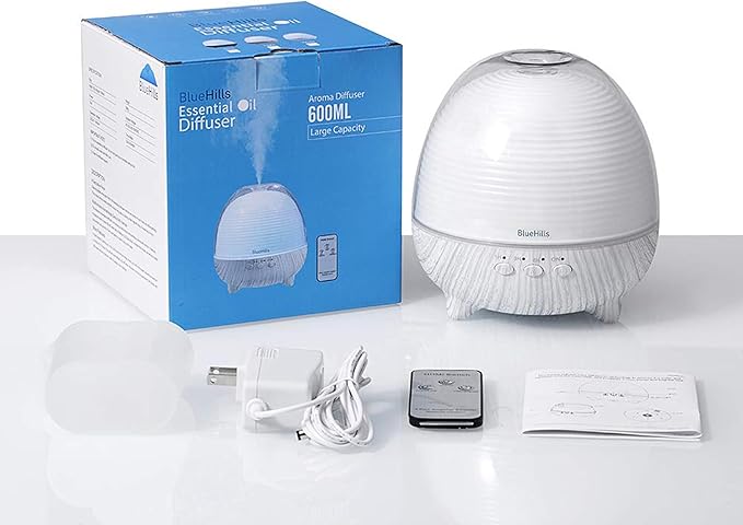 BlueHills Premium Essential Oil Diffuser with Remote Cute Aromatherapy Humidifier Large Capacity Coverage Area for Home Room Office Long 12 Hour Run Timer Lights White Wood Grain-S01-600ML