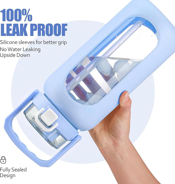BLUEGO 64oz Glass Water Bottle with Handle and Straw, Motivational Sports Water Bottle with Time Marker and Silicone Sleeve Leakproof Drinking Bottle for Travel Gym Workout, Light Blue