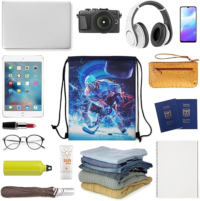 Hockey Drawstring Backpack - Cool Cinch Sack, String Backpacks for Kids Women Men Boys Girls for Gym Outdoor Sports Travel Athletic Drawstring Bag - Lightweight/Foldable