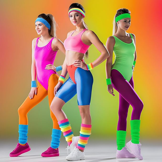 Haysandy 4 Sets 80s 90s Leg Warmers Set for Women Costume Neon Headband Rainbow Wristbands for Sport Yoga Workout Clothes