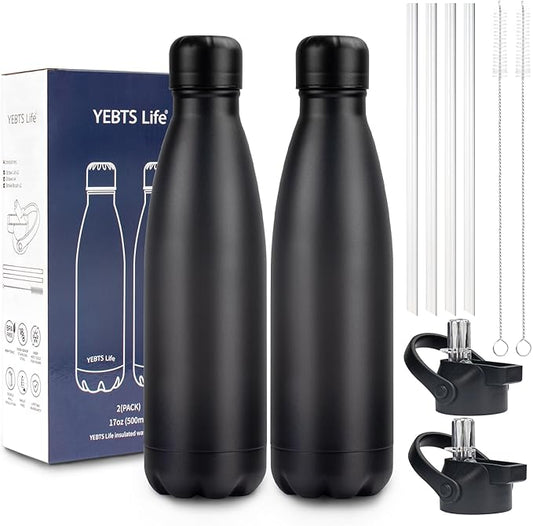 Insulated Water Bottle, 2 Pack-17oz Stainless Steel Water Bottles with straw lid, Metal Sports Water Bottles for Boys,Girls, Double Wall Vacuum BPA-Free Flask for School,Sports & Travel-Black