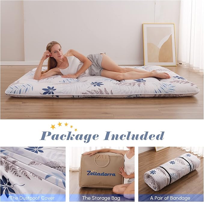 Japanese Floor Mattress, Futon Mattress with Portable Storage Bag and Washable Cover, Roll Up Thick Tatami Mat Suitable for Camping, Guest Room, White Leaf, Twin