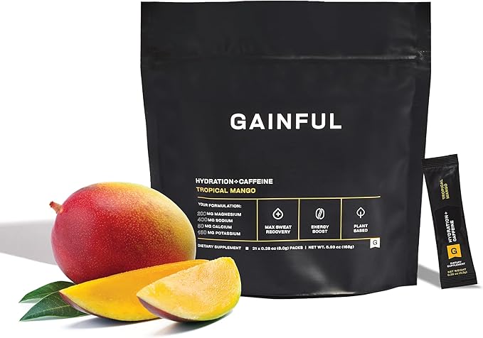 Gainful Hydration + Caffeine Powder Packets with Key Electrolytes Magnesium & Sodium + L Theanine, Low Sugar Drink Mix, Tropical Mango, 21 Sticks