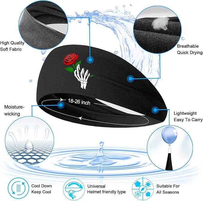 Headbands for Men Women 3pcs Sports Sweat Bands Headbands Men Sweatbands Workout Headband for Mens Running Cooling Skull Sweat Band Head Bands