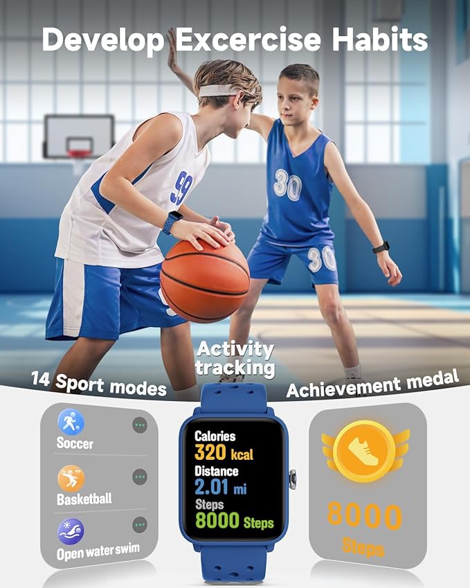 BIGGERFIVE Smart Watch for Kids Without APP, Fitness Tracker Watch Pedometer, Heart Rate, 5ATM Waterproof, Sleep Monitor, Calorie Step Counter, Games, Alarm Clock for Boys Girls 5-14, Porous Blue