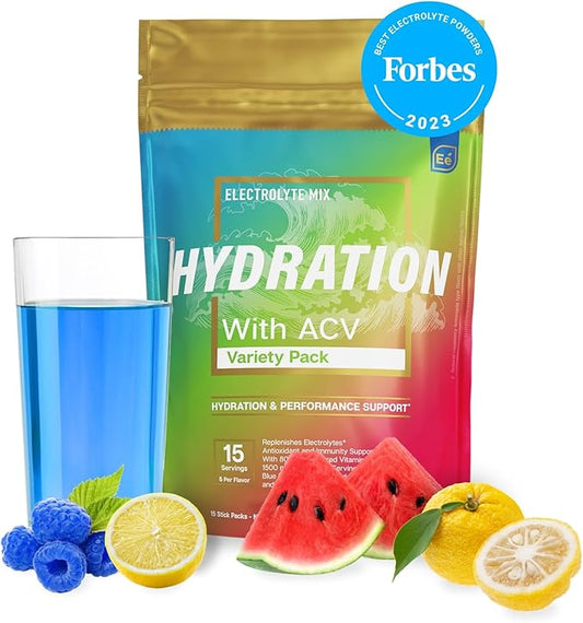 Essential Elements Hydration Packets - Variety Pack - Sugar Free Electrolytes Powder Packets - 15 Stick Packs of Electrolytes Powder No Sugar - Hydration Drink - with ACV & Vitamin C