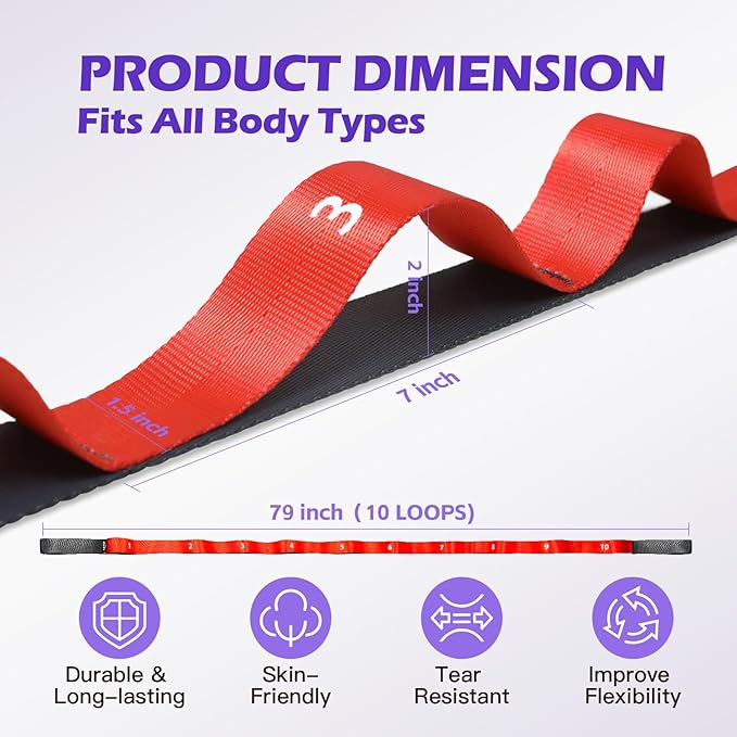 Stretching Strap with Loops - Non Elastic Yoga Straps for Physical Therapy, Durable Stretch Bands for Exercise, Flexibility Training, Hamstring & Leg Stretcher, Yoga/Pilates/Gymnastics
