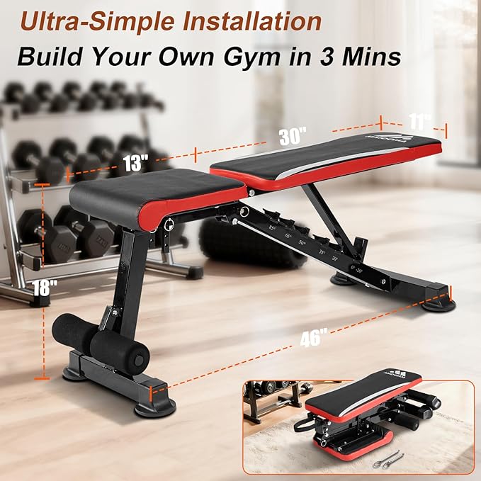 Adjustable Weight Bench for Home Gym, 700LBS Weight Capacity Incline Decline Flat Utility Workout Bench with Fast Folding for Full-Body Strength Training