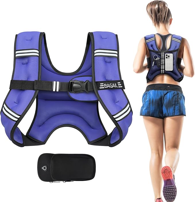 BAGAIL Weighted Vest, 5lbs/8lbs/10lbs/12lbs/15lbs/20lbs/25lbs/30lbs Weight Vest with Detachable Phone Pouch, Rucking Vest for Women, Men, Walking, Weight Loss, Training, Running
