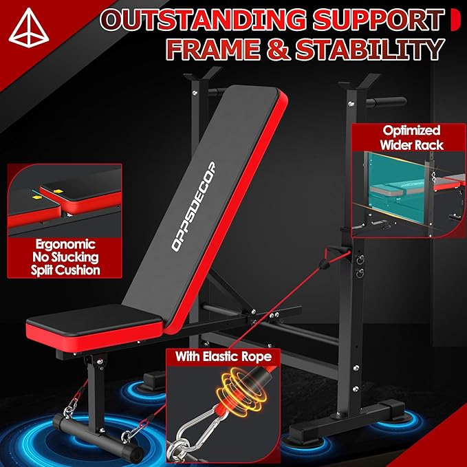 OPPSDECOR 660lbs 6 in 1 Weight Bench Set with Squat Rack Adjustable Workout Bench with Leg Developer Preacher Curl Rack Fitness Strength Training for Home Gym