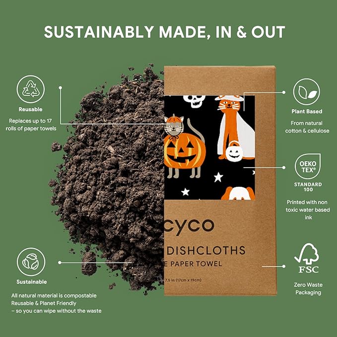 RECYCO Swedish Dishcloths for Kitchen | 4 Pack Halloween Wicked Whimsy Washable Dish Rags | Cellulose Reusable Cleaning Paper Towels | Absorbent Counter Dish Cloth Sponge Kitchen Wipes, 8" L x 7" W