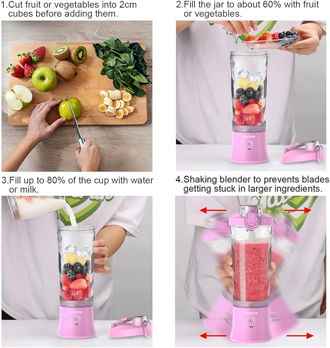 DENOKIN Portable Blender,Personal Size Blender for Shakes and Smoothies (Purpleish Pink, 20oz)