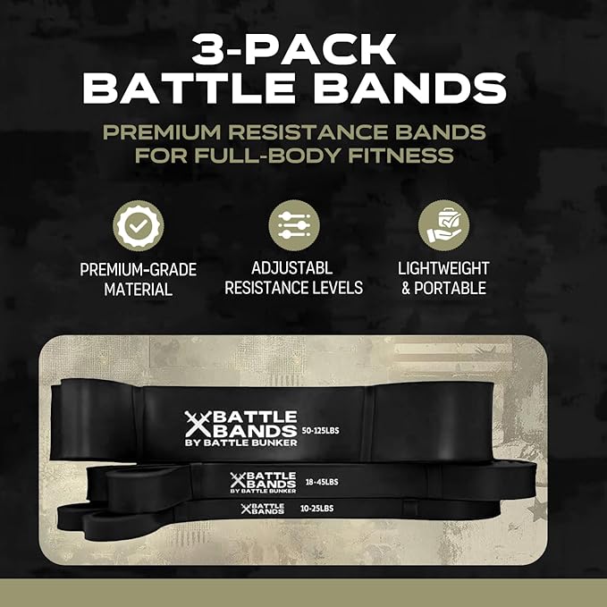 Battle Bunker Premium Resistance Bands - Natural Exercise Bands for Strength Training, Pull-Ups & Recovery - Fitness Band for Home, Gym & Mobility Workouts- Crush Your Goals Anytime- 3-Pack- 10-125lbs