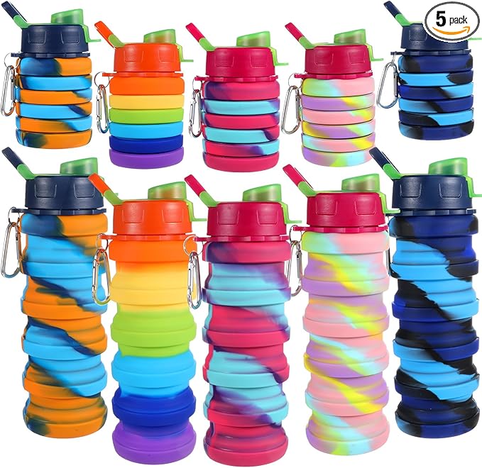 5 Pack Collapsible Water Bottles 17 oz Silicone Portable Lightweight Foldable Water Bottle with Carabiner Leakproof Reusable for Travel Camping Hiking Cycling Sport Outdoor(Rainbow)