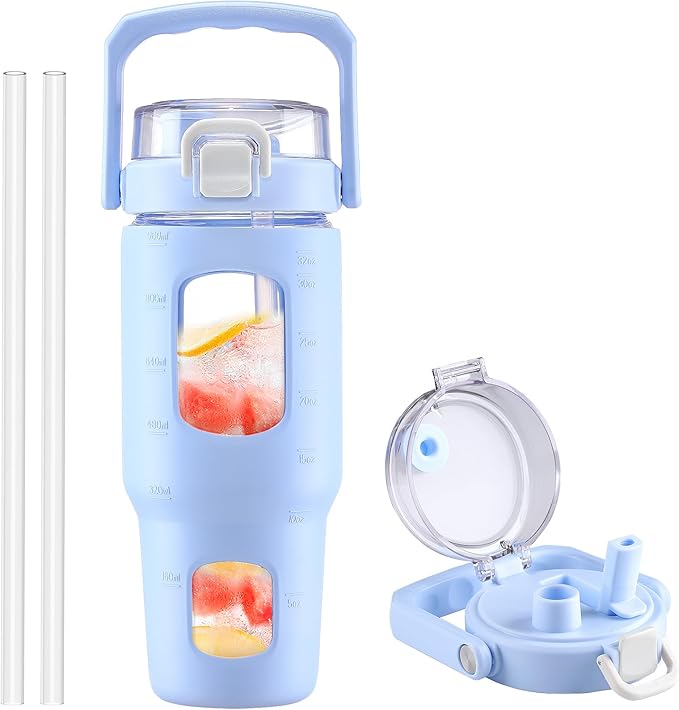 BLUEGO 32oz Glass Water Bottle with Handle and Straw|Leakproof Sports Glass Bottle with Time Marker and Silicone Sleeve|Glass Drinking Bottle for Travel, Gym, Workout, Blue