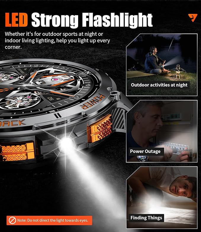 GPS Smart Watch for Men with LED Light/530mAh Battery, 1,43'' AMOLED Military Smartwatch with Compass/Barometer/Altimeter, Heart Rate/Sleep, 5ATM Waterproof Fitness Watch for Android iOS, Black