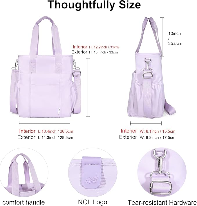 NOL Natural Organic Lifestyle Insulated Lunch Bag for Men/Women,Extra Large Lunch Tote Bag With Removable Adjustable Shoulder Strap with Multi Pockets,Leakproof Cooler Lunch Bag For Work,Light purple