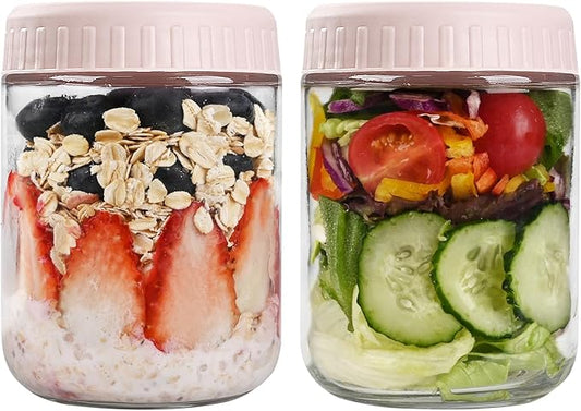 Overnight Oats Containers with Lids, 16oz Glass Jars with Lids 2 pcs, Pink, Wide Mouth Mason jars for Salad, Yogurt, Snacks, Meal Prep