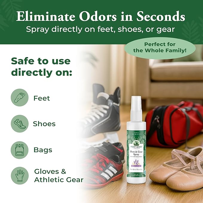 Foot Sense – Shoe Deodorizer & Foot Spray – Natural Foot & Shoe Odor Eliminator for Smelly Feet, Shoes & Sports Gear, Long-Lasting Refreshener for Adults & Kids – 5oz