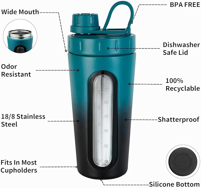 TOOFEEL Shaker Cups For Protein Shakes - 28 oz Stainless Steel Shaker Bottle, Not Stays Cold/Hot, Visible Window Protein Shaker with 2 Shaker Balls, Fitness Exercise Metal Shaker Bottle