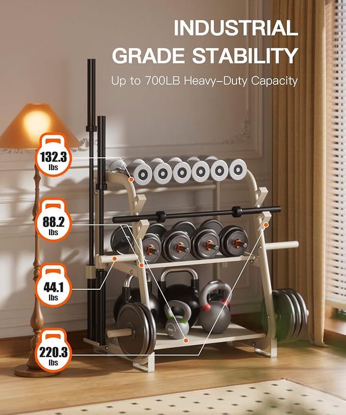 3-Tier Dumbbell Rack Stand Only - 700LB Heavy Duty Weight Storage Organizer with Thickened Steel Tube, Adjustable Weight Stand for Dumbbells, Barbells, Kettlebells, Black/Beige