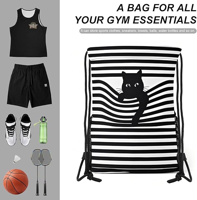 Cat Drawstring Backpack Gym Bag With Shoe Compartment String Bag Sport Beach Swimming Sackpack For Women Men