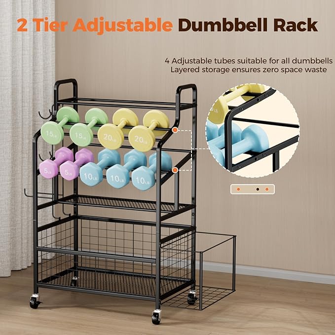 Weight Rack Storage for Home Gym, Adjustable Dumbbell Stand Organizer with Wheels and Hooks, Workout Equipment Organizer Holds Yoga mats, Kettlebells, and Fitness Accessories