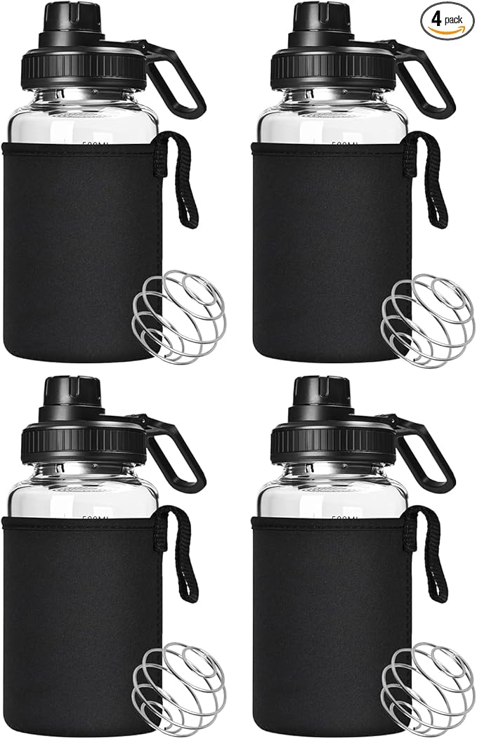 Glass Shaker Bottle, 4 Pack 22oz BPA-Free Odorless Shaker Bottle with 304 Stainless Steel Ball and Removable Cleaning Brush for Fitness Protein Mixes