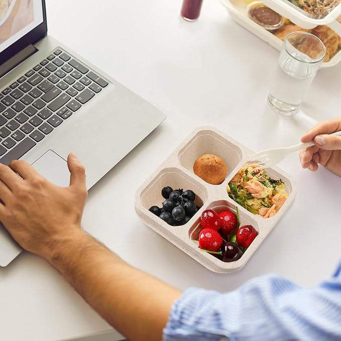 12 Pcs 4 Divided Compartments Snack Containers Bento Wheat Straw Snack Box with Lid Reusable Meal Prep Lunch Box Food Storage Containers for Adults Travel Work(Beige)