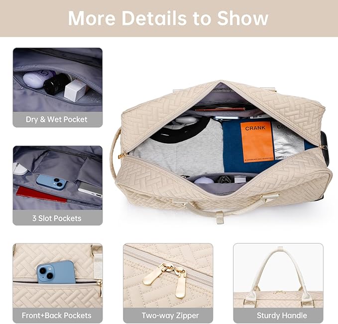 Duffle Bag for Travel, Weekender Bag with Shoe Compartment, Carry On Overnight Bag for Women with Toiletry Bag, Gym Bag with Wet Pocket, Hospital Bags for Labor and Delivery Beige