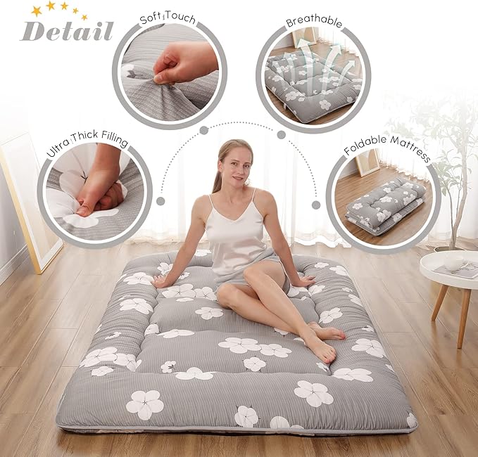 Japanese Floor Mattress Full, Futon Mattress with Storage Bag and Washable Cover, Roll Up Tatami Mat Suitable for Guest Room, Grey Cotton