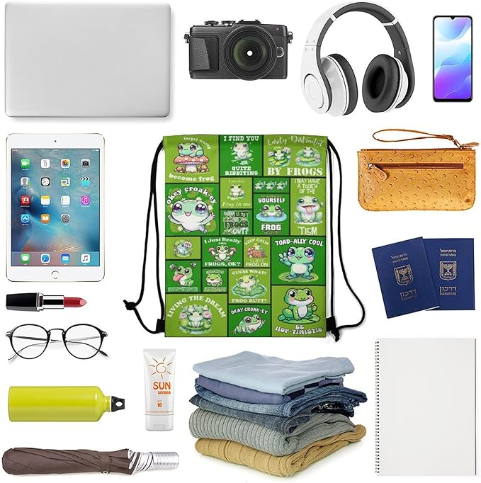 Frog Drawstring Backpack - Cute Cinch Sack, String Backpacks for Kids Women Men Boys Girls for Gym Outdoor Sports Travel Athletic Drawstring Bag - Lightweight/Foldable