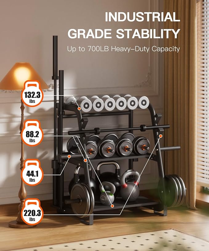 3-Tier Dumbbell Rack Stand Only - 700LB Heavy Duty Weight Storage Organizer with Thickened Steel Tube, Adjustable Weight Stand for Dumbbells, Barbells, Kettlebells, Black/Beige