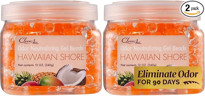 Clear Air Odor Eliminator Gel Beads - 12 oz, Pack of 2 - Air Freshener Made with Essential Oils - Eliminates Odors in Bathrooms, Cars, Boats, RVs & Pet Areas - Hawaiian Shore Scent
