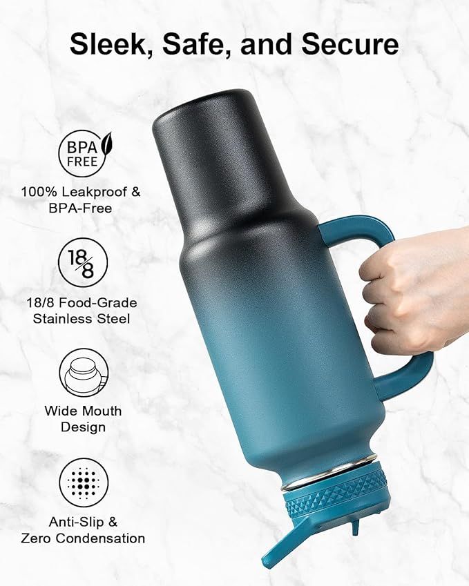 Trebo Insulated Water Bottle 40oz that Fits in Car Cup Holder with Spout Straw Lids, Stainless Steel Bottles Travel Flask with Handle, Metal Reusable Tumbler, Leakproof Keep Cold &Hot,Indigo/Black