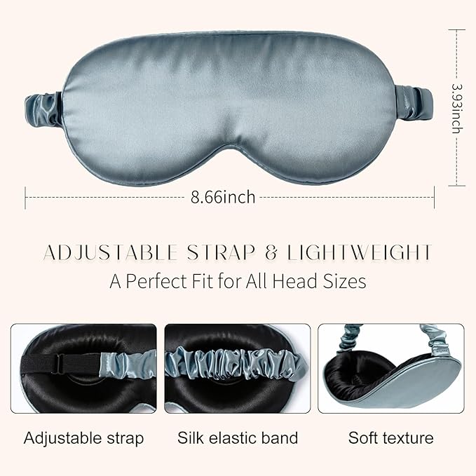 100% 22 Momme Mulberry Silk Sleep Mask, Eye Cover for Sleeping, Blackout 3D Sleep Masks for Lash Extensions with Adjustable Strap for Men and Women (Haze Blue)