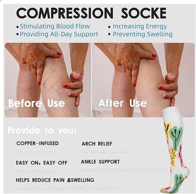 Graduated Compression Socks for Women&Men 20-30mmhg Knee High Socks Travel Hiking Running Stocking