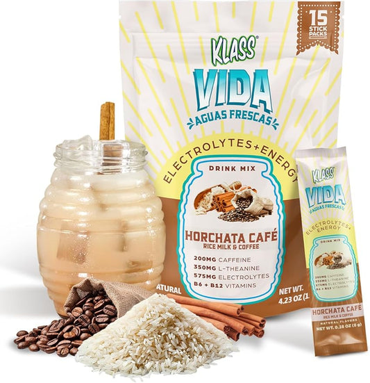 Hydration + Energy Electrolyte Drink Mix – Coffee Horchata Agua Fresca Flavor | Sugar-Free Powder with Caffeine, L-Theanine, Coconut Water & Minerals | 15 Single-Serve Stick Packs
