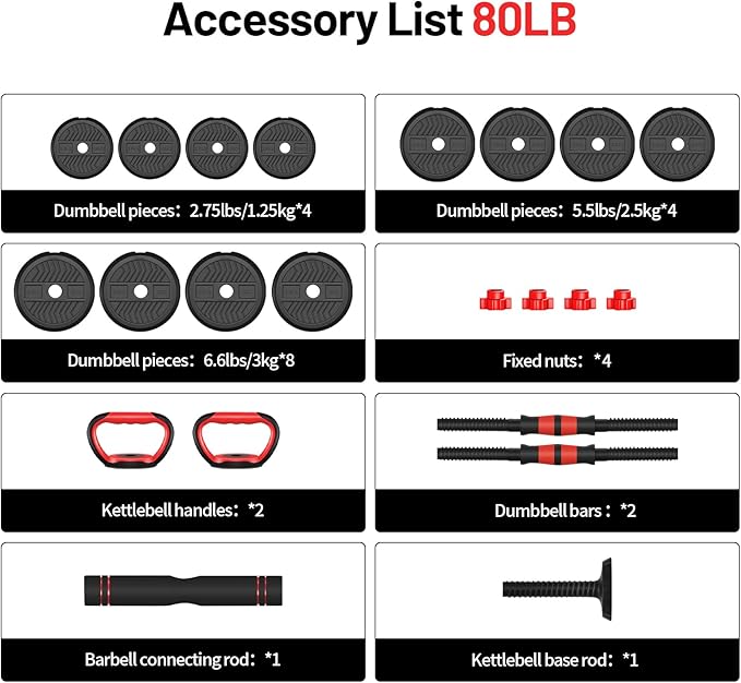 Adjustable Dumbbell, 20/30/40/60/80lbs Dumbbells Set, 4-in-1 Free Weights for Women/Men Workout Equipment Used as Barbell/Kettlebells/Push up Stand for Home Gym