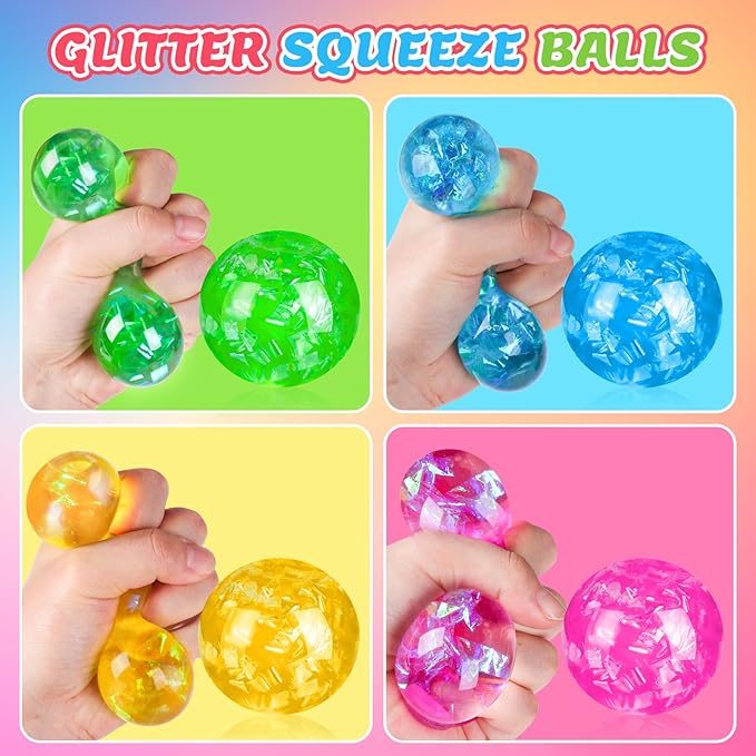 Stress Balls 4 Pack for Adults and Kids, Glitter Squeeze Toys, Sensory Toys for Kids with Autism, Squishy Fidget Toys for Stress and Anxiety Relief, Prize for Classroom