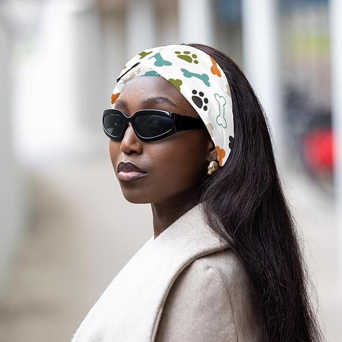 Wide Headbands for Women, Colored Dog Cat Paw Footprint and Bones Hairband for Women Non Slip Sports Head Bands for Women's Hair