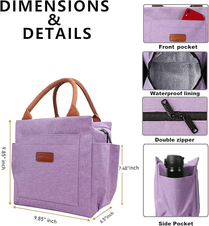 Joymee Lunch Bag Women Insulated Lunch Box Reusable Leakproof Large Spacious Cooler Tote for Women Men Adult with Bottle Holder and Side Pockets for Work Office Travel Picnic - Purple