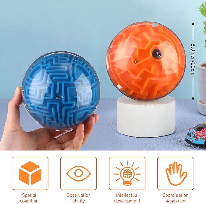 Sumind 4 Pcs 3D Puzzle Maze Ball Magic Brain Teasers Games Memory Sequential Gravity Maze Cube Ball Sphere Educational Puzzle Toys for Adult Hard Challenges(Blue, Orange)