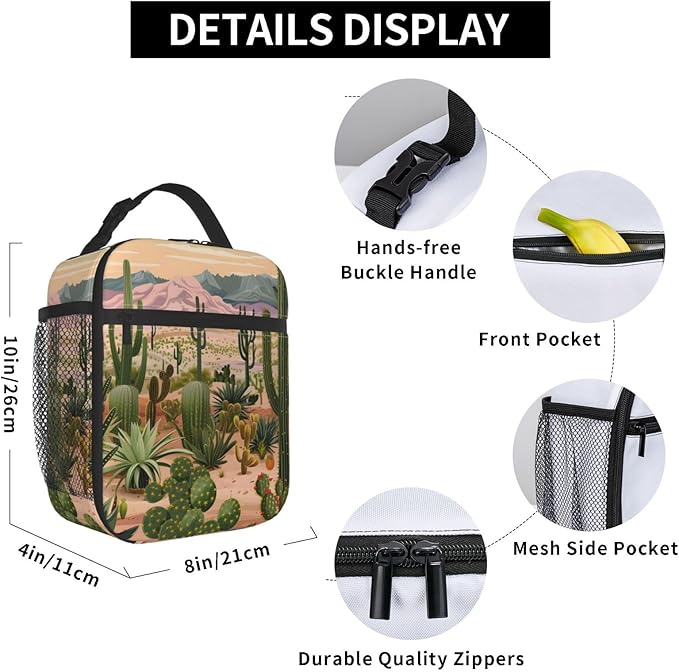 Cactus Lunch Box for Women Adults Kids, Insulated Cooler Lunch Bag for Picnic, School, Office, Travel, Work, Portable Reusable Polyester Tote Thermal Lunch Bags (Scenic Cactus)
